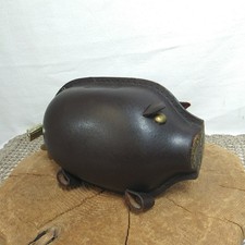 Vintage Kounoike Genuine Leather Piggy Bank PadLock Locking Brown Pig Japan