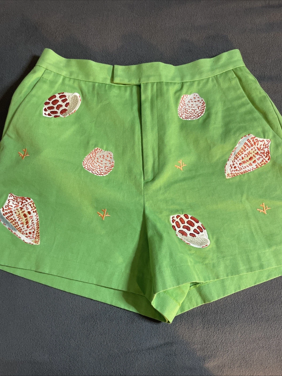 C.J. LaLing Green Sea Shell Embroidered Cotton Shorts Size 6 Summer Beach Fem