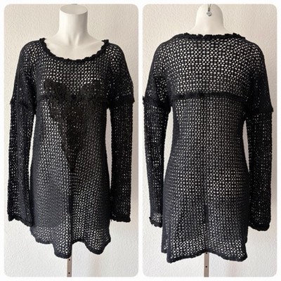 Handmade Black Crochet Abstract Heart Appliqué Whimsygoth Coverup - Fits S-XL