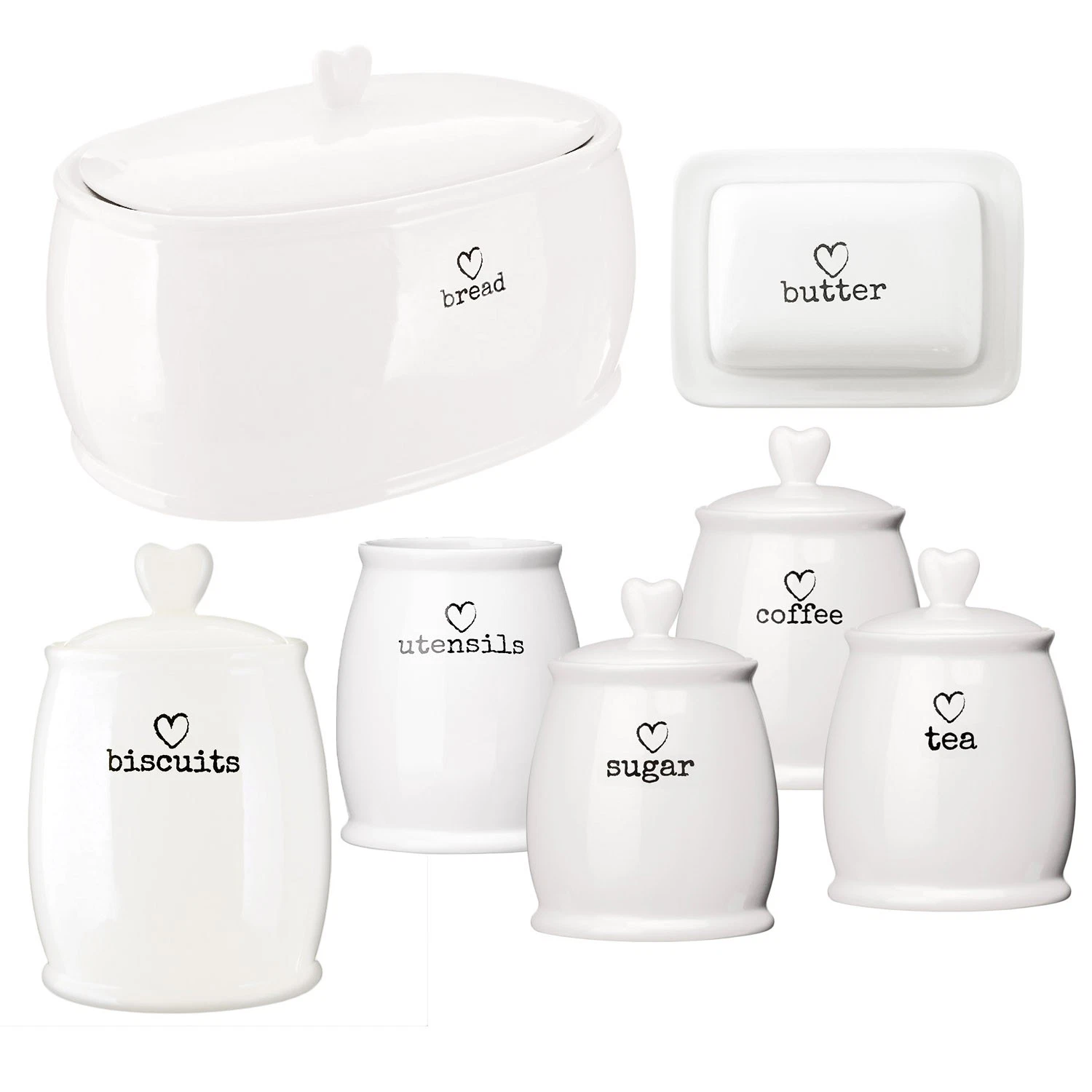 7pcs White Dolomite Charm Canister Heart Design Kitchen Storage Caddy Container