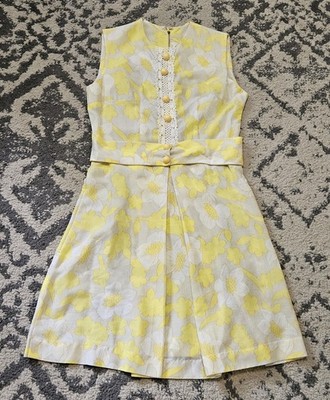 Vintage 60s Yellow Floral Mod Go-Go Sleeveless Mini Dress Juniors