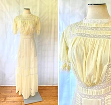 Antique Edwardian Dress 1900s 1910s Pale Yellow Cotton Batiste White Lace S M
