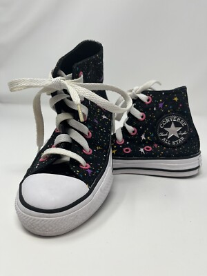 Converse All Star Chuck Taylor Girls 11 High Tops Black Pink Stars Shoes 665113F