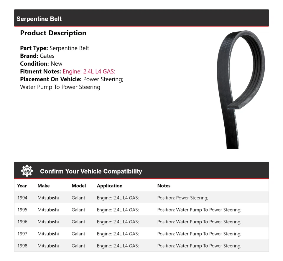 For 1994-1998 Mitsubishi Galant 2.4L L4 GAS Serpentine Belt Gates 1995 1996 1997 - Image 2 of 4