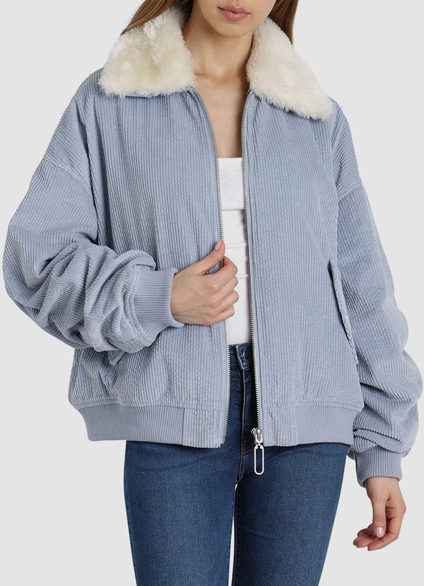 Blue corduroy jacket cheap with fur collar