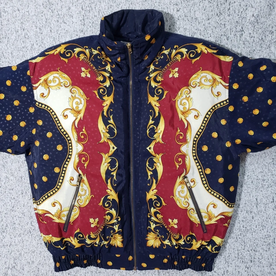Vtg J. Gallery Jacket Womens S Baroque Polka Dot Blue Red Gold Down Bomber Talon - Image 4 of 4