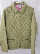 Lacoste Women's Quilted Barn Jacket Size 40 Green Pink Lining Front Pockets Snap