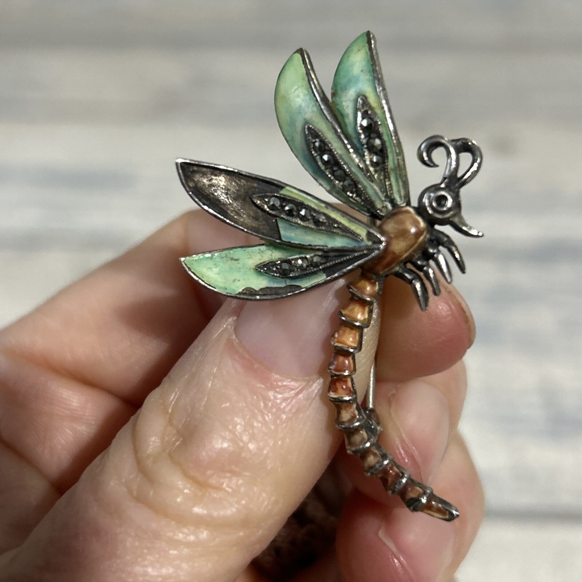 Vintage Solid Silver Enamel Dragonfly Brooch UK
