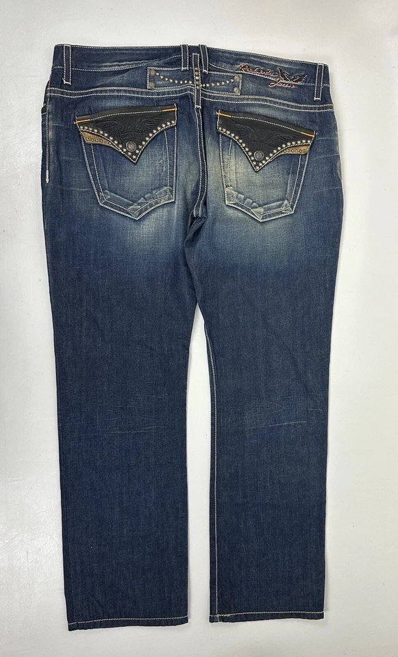 Robin's Jeans Men's Flap Studded Black Leather Pockets Embroidered Size 40x31 - Image 4 of 4