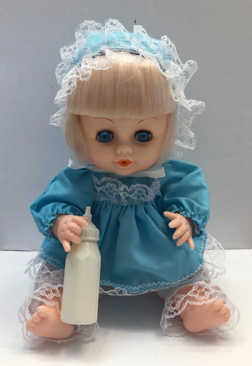 Vintage plastic 12" Blonde hair & blue eyes baby doll blue dress A-st china  | eBay