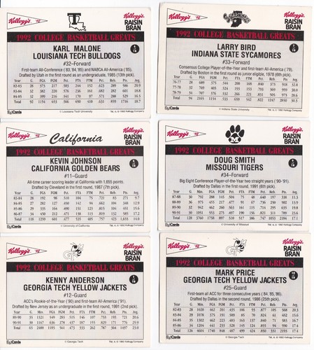 G) Lot of 6 - 1992 Kellogg's Raisin Bran College Basketball Greats Trading Cards - Picture 2 of 2