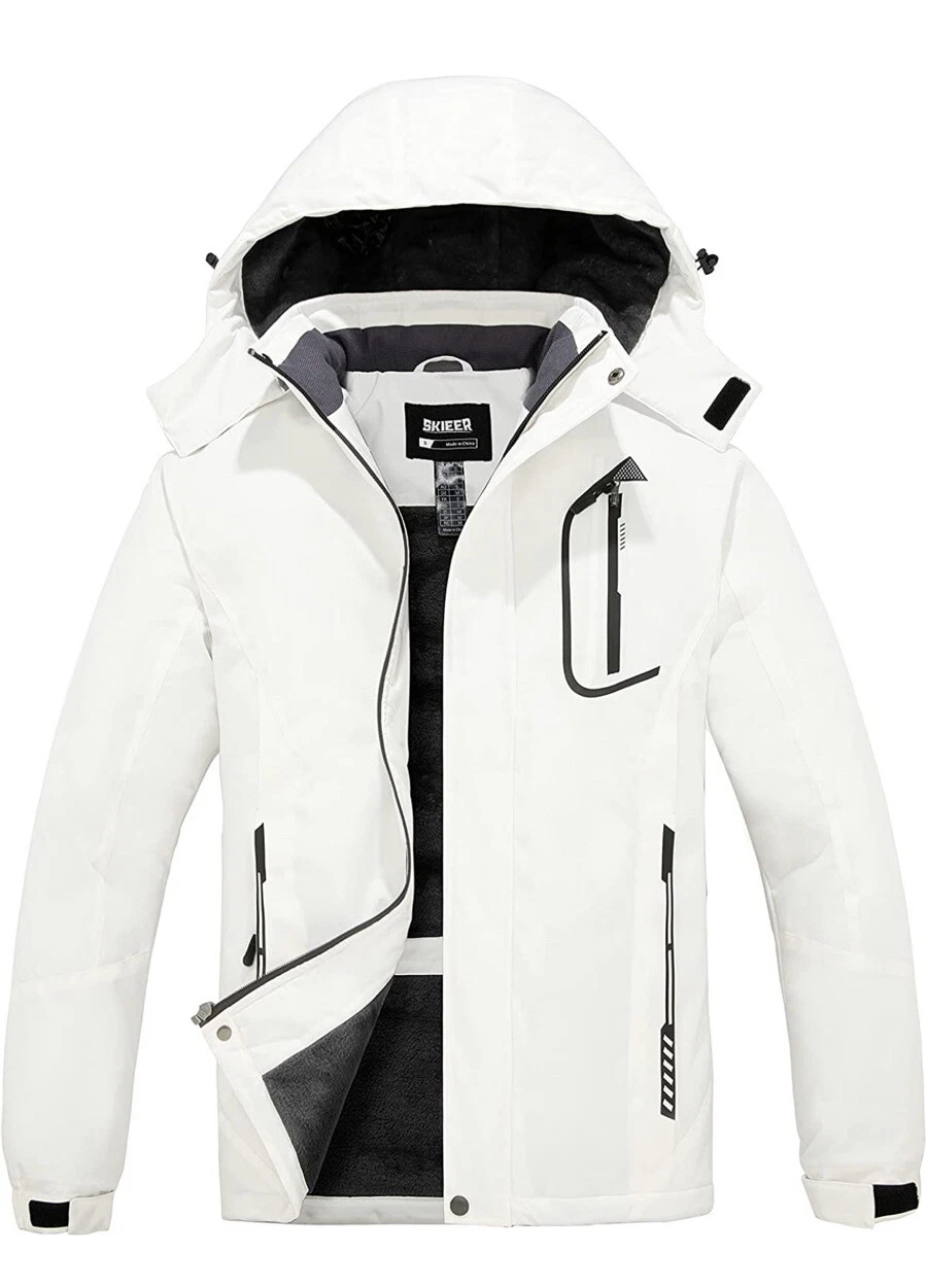 Skieer Men’s Waterproof Warm Snow Coat, Hooded Skiing Jacket. White. XX-Large
