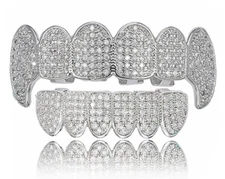 Custom Fit Solid 14K White Gold Plated Iced CZ Teeth Fang Fangs Grillz Set USA
