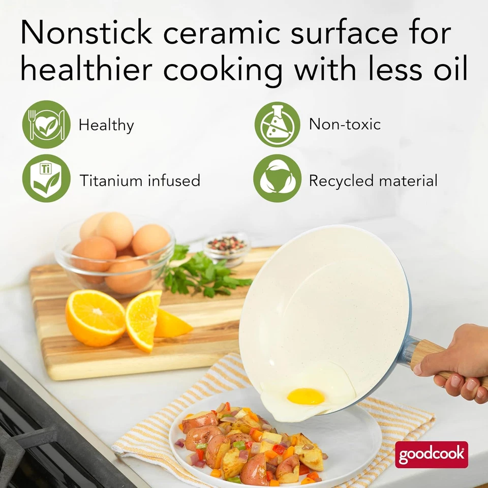 GoodCook 12-Piece Healthy Ceramic 12 Piece Cookware Set, Blue/White/Tan - Image 3 of 4