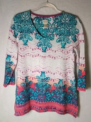 Chicos Sz 4/6 WAS $32 NOW $16 Multicolor Pullover Top  3/4 Sleeve V-Neck