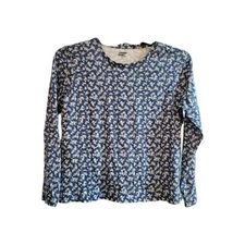 Lands End Blue Floral Relaxed Fit Long Sleeve Cotton Shirt Women's Small
