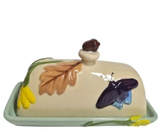 Anthropologie 3D Floral Stoneware Butter Dish Yellow Green Glazed Stoneware NIB