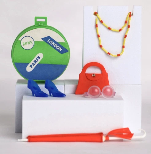 Vintage Barbie Tour-Ins Fashion Pak Accessories Orange Purse, Hat Box, Umbrella