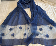 Blue Sheer Chiffon Rectangle Scarf Floral Embroidered Beaded Women Spring Summer