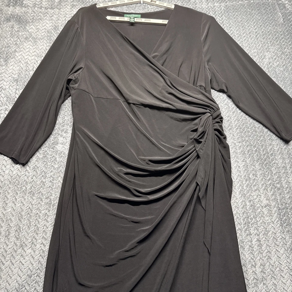 Lauren Ralph Lauren Women’s 22W Black Faux Wrap Dress Ruched Side Plus Size - Image 2 of 4