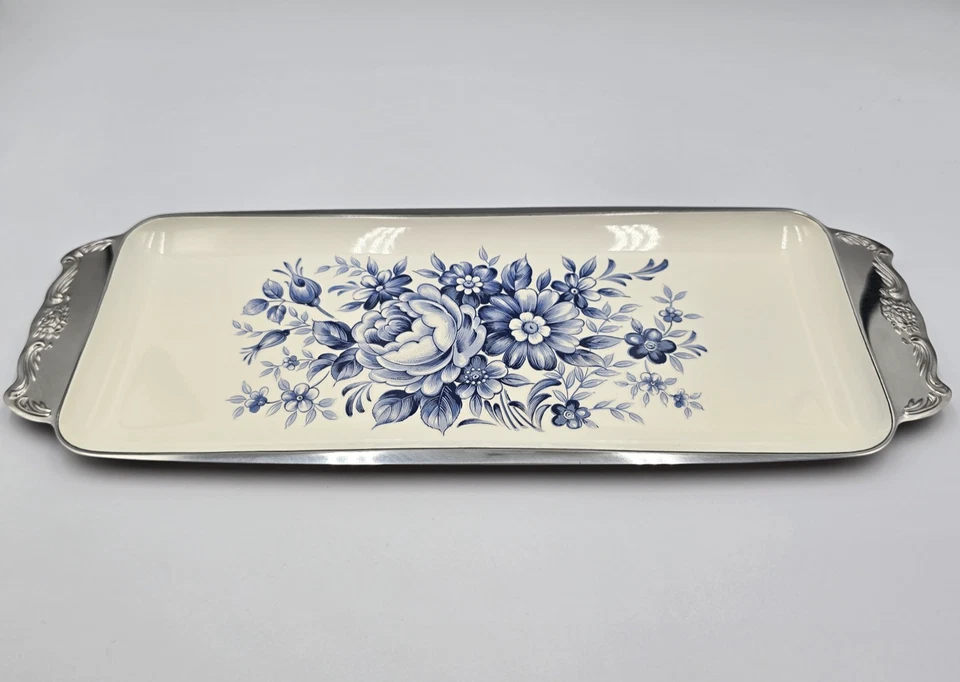 Vintage Blue Floral Enamel Tray Stainless Steel Lamb Mark - MCM Japan with box - Image 4 of 4
