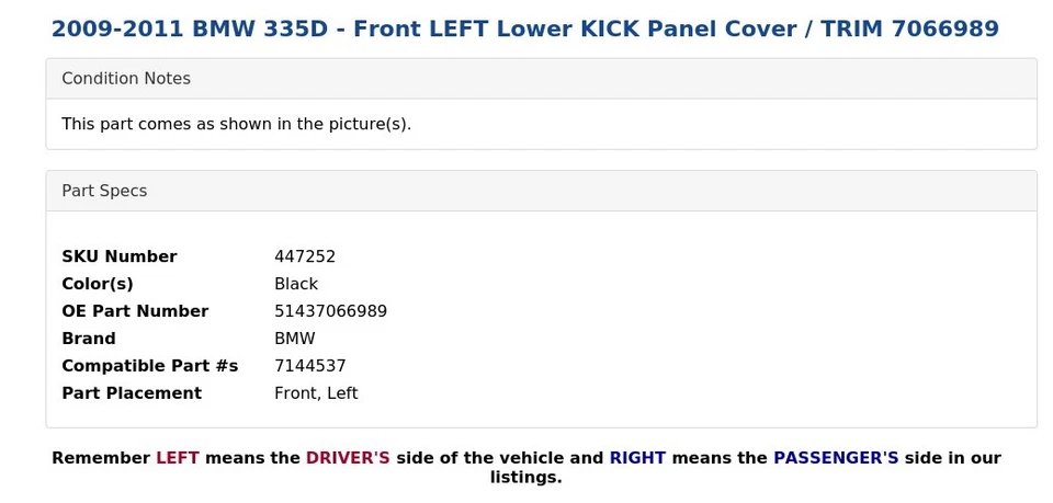 BMW 335D 2009-2011 - Cubierta de panel inferior delantero izquierdo / moldura 7066989 Foto 3 de 4