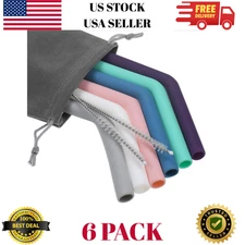 6 Pack Silicone Straws 8mm Reusable Drinking Straws Blue Gray White Pink Teal Pu