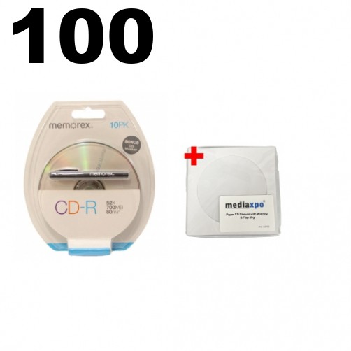 100 Memorex 52X CD-R 80min 700MB Logo on Top & 100 Paper Sleeves