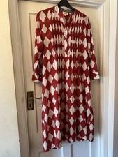 Dream Red & White Hand Printed Boho Midi Shirt Dress,Medium