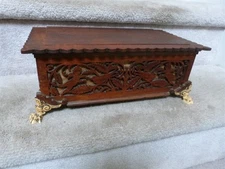~ANTIQUE Victorian Walnut Sewing Glove Document Jewelry Box Cut-Out Cherubs Bird