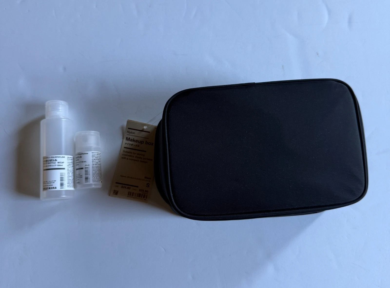 MUJI Nylon Black Makeup Box Small + 2 MUJI Petit Bottles Travel Bundle