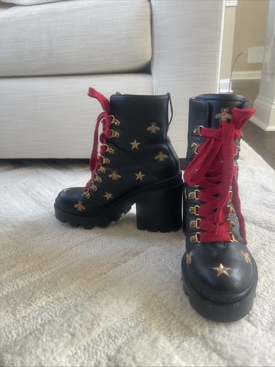 Authentic Gucci Black Leather Bee Star Platform Ankle Boots Red
