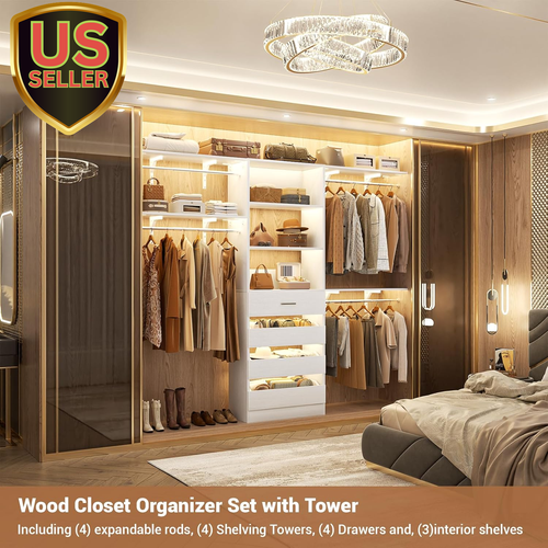 8FT Wood Closet Organizer with 4 Drawers, 96'' Built-In System Tower with She... - Picture 2 of 7