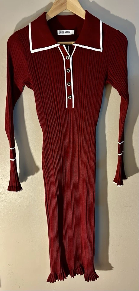 Grace Karin Women's RETRO Work Pencil Dress LONG RUFFLED SLEEVE KNIT SZ S - Image 3 of 4