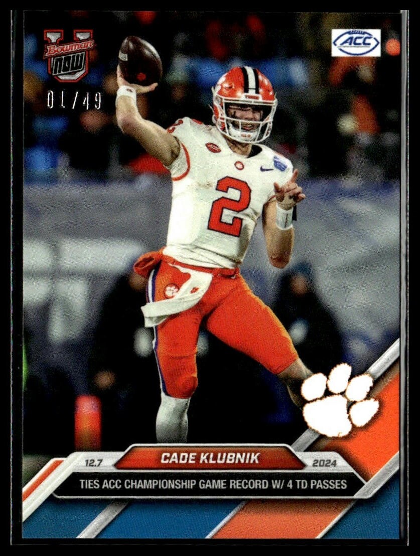 2024 Topps Bowman U Now 57 Cade Klubnik Clemson Tigers Ties TD Record Blue 01/49