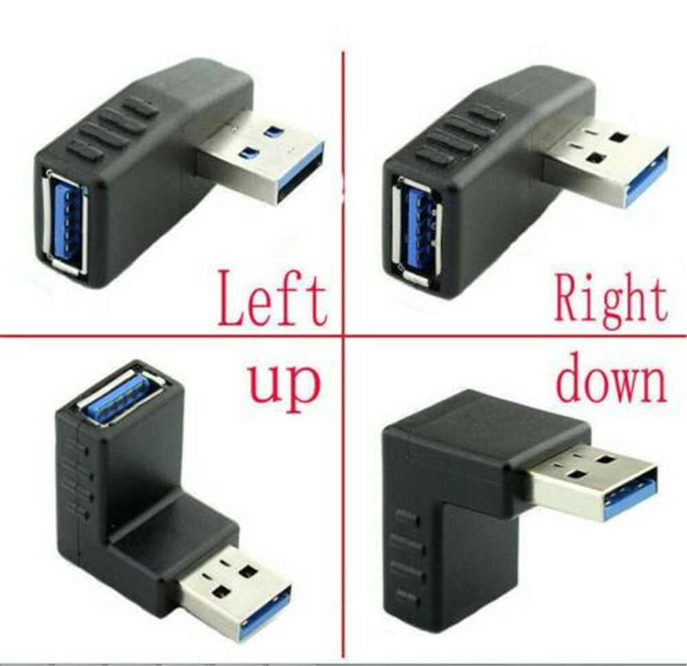 2-Pack 90 Degree USB 3.0 Adapters - Left & Right Angle Male To Female Extenders