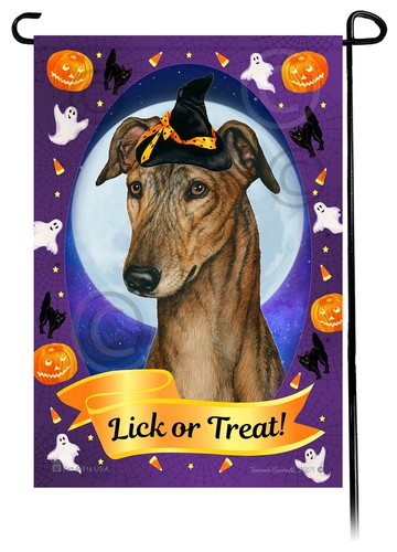 Halloween Garden Flag - Red Brindle Greyhound