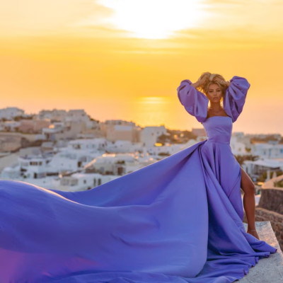 Corset Style Flowy Long Train Photoshoot Dress with Detachable Sleeves | Satin