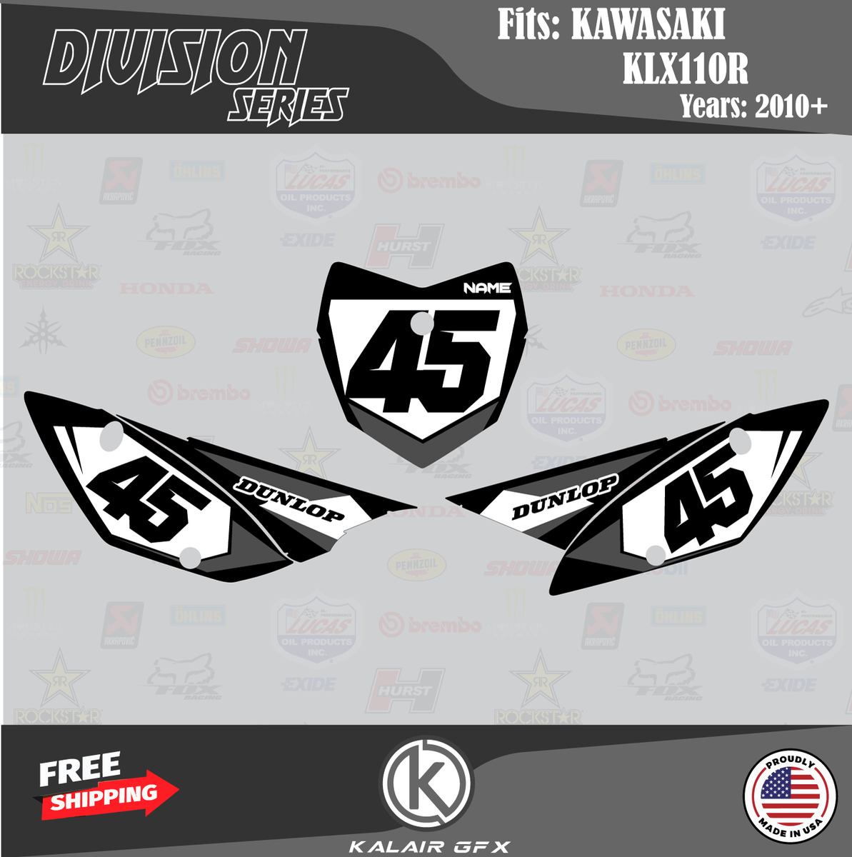 Dirt Bike Graphics Kit For Kawasaki KLX110 / KLX110R/RL (2010-2024) – AXIS Series Green-shift Design, No Plastics Included