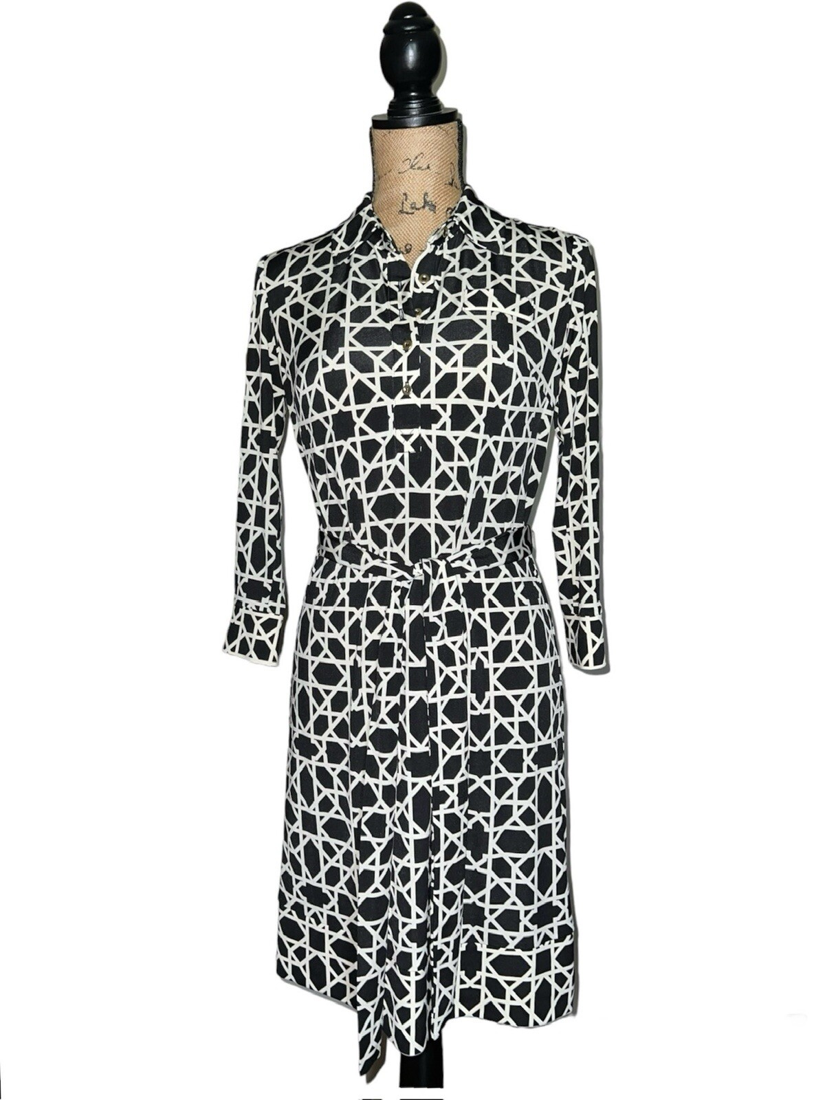 DONNA MORGAN BLACK WHITE CHAIN LINK STRETCH SHIRT DRESS SIZE