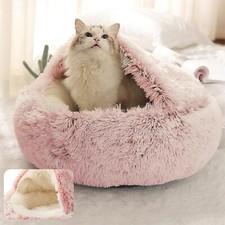 Fluffy Cat Bed Cave Warming Pet Dog Bed Flurry Round Plush Hooded Cat Bed Donut