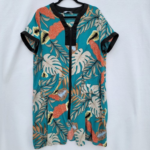 Yozly Womens House Dress Large Tropical Zip Up Front Large Pockets