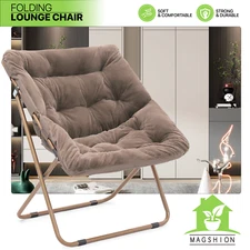 Folding Saucer Cozy Lounge Chair Beige Living Room Oversized Comfy Faux Fur Seat