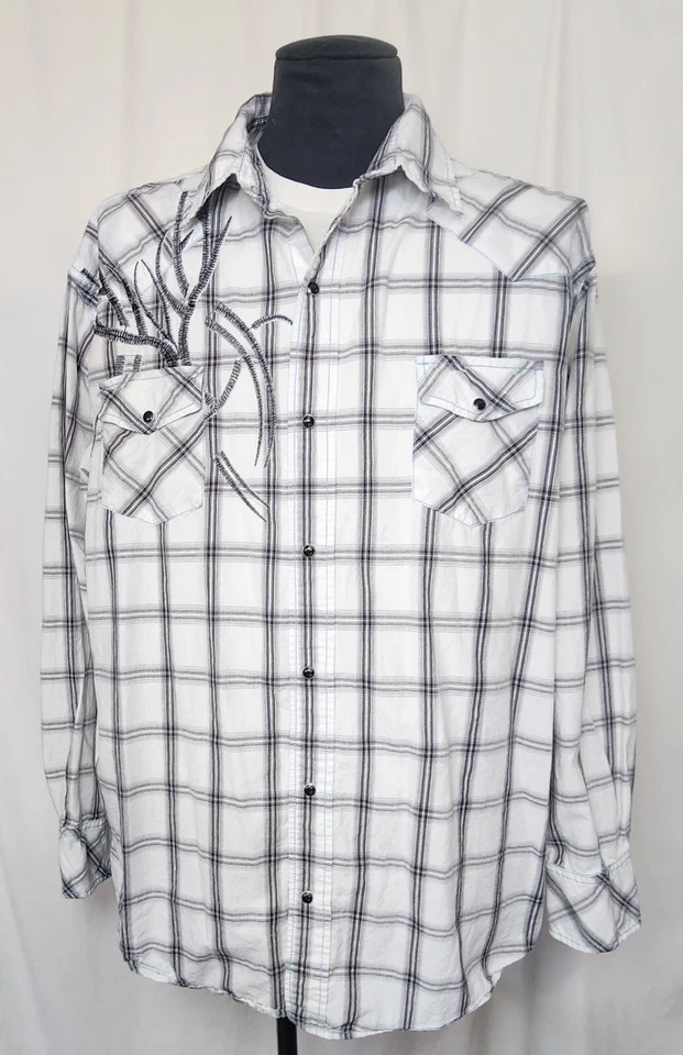 Camisa a Cuadros Blanca Algodón Petrol Western Pearl Bordada Para Hombre Talla 2XL  Foto 2 de 4