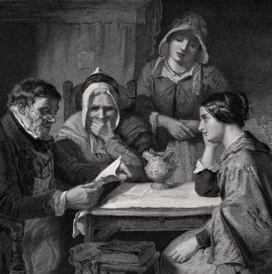 FAMILY GATHERED AROUND LETTER IN COTTAGE INTERIOR 1882 Antique Engraving
