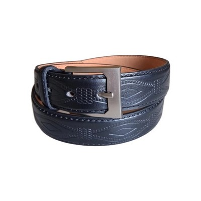 Men's Genuine Leather Black Belt Rope Pattern Embossed Matte Silver Screw Buckle