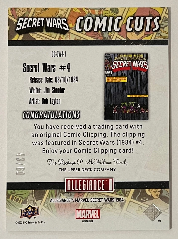 MARVEL COMIC CUT - 2023 - ALLEGIANCE SECRET WARS - CC-SW4-1 - 43/60 - SW #4 - Image 2 of 4