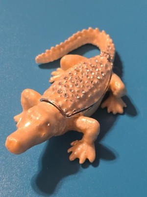 ENAMEL AND RHINESTONES WHITE ALBINO ALLIGATOR TRINKET BOX