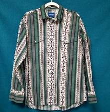 Wrangler Western Shirts Green/Red Aztec Pattern Long Sleeve Pearl Snap Button