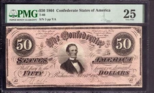 1864 $50 CONFEDERATE STATES OF AMERICA NOTE T-66 LOW SERIAL #5 PMG VF 25